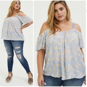 Torrid light blue feather cold shoulder top